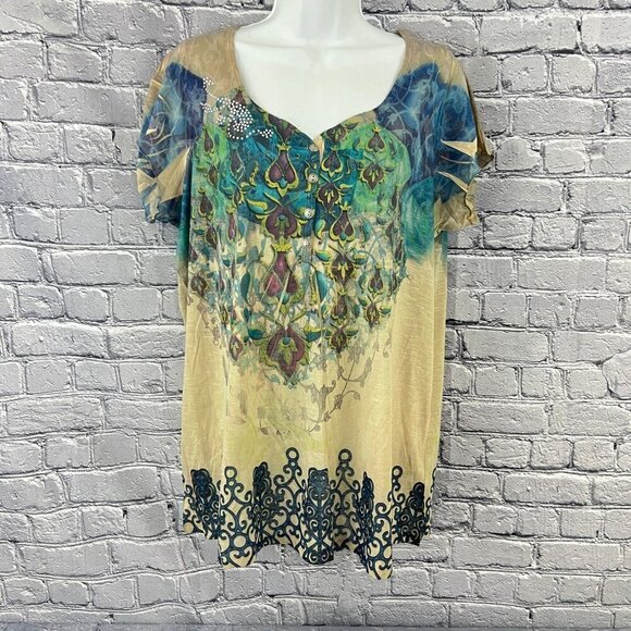 Live And Let Live Womens 1X Multicolor Embellished Top With Paisley Design - Picture 1 of 6